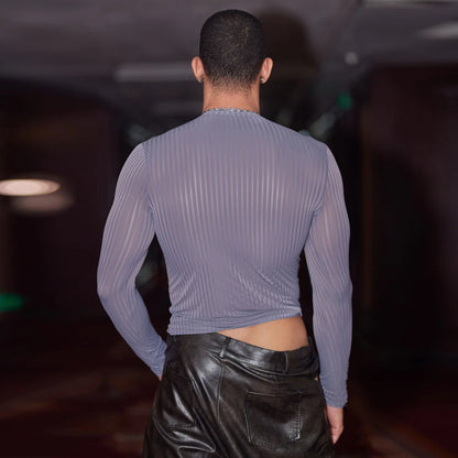 Men’s Sheer Ribbed Slim Fit T-Shirt – Transparent Stretch Long Sleeve in Gray by Gallery Man