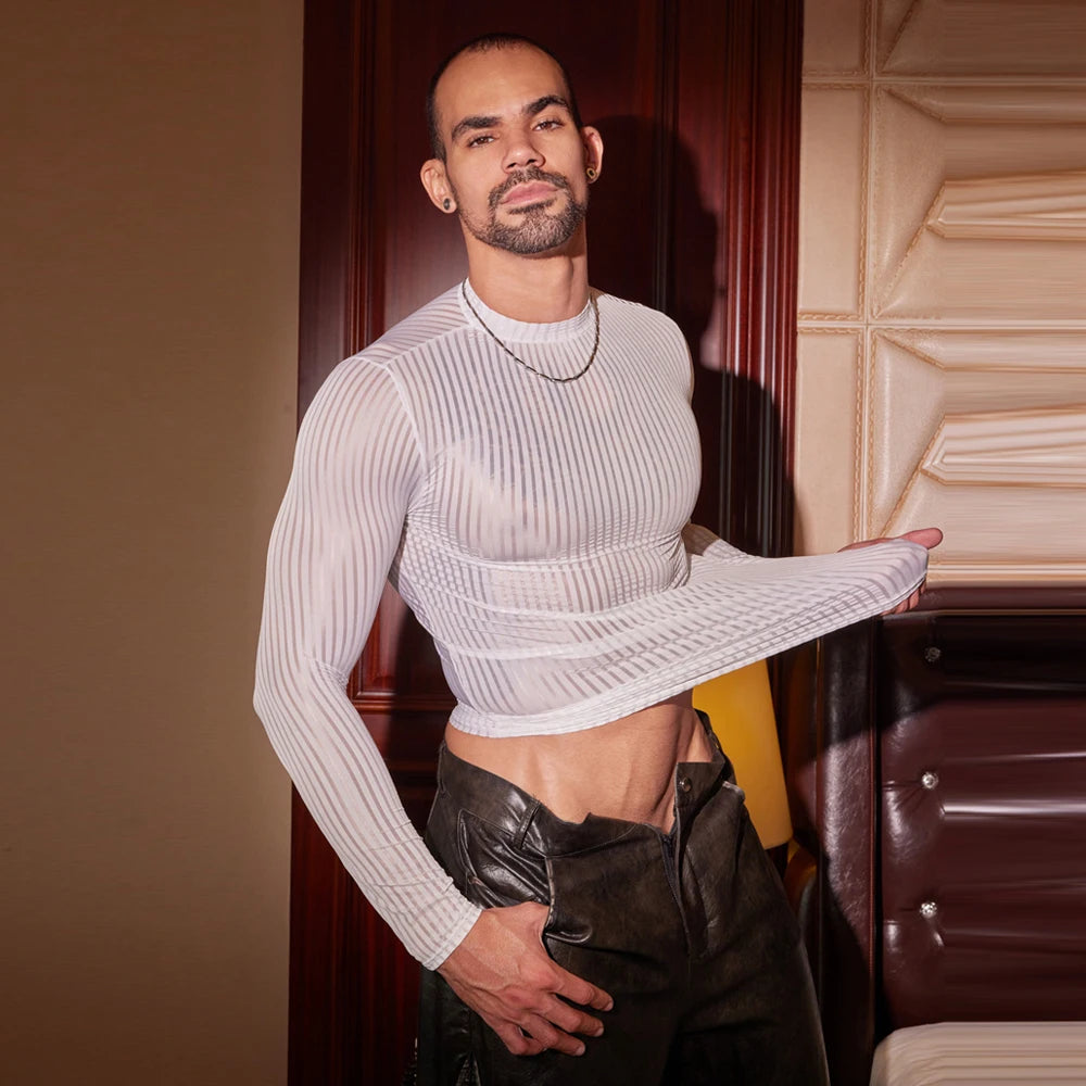 Men’s Sheer Ribbed Slim Fit T-Shirt – Transparent Stretch Long Sleeve in White by Gallery Man
