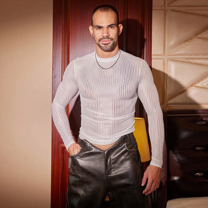 Men’s Sheer Ribbed Slim Fit T-Shirt – Transparent Stretch Long Sleeve in White by Gallery Man