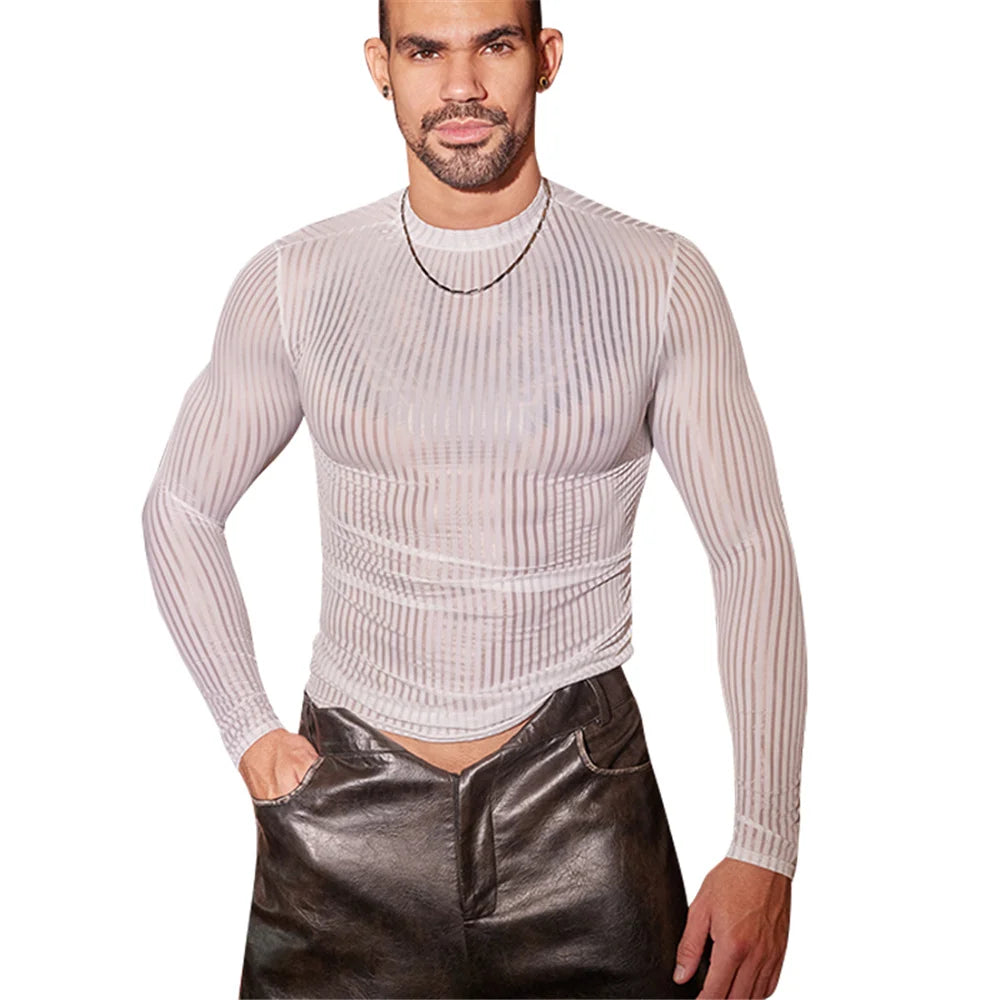 Men’s Sheer Ribbed Slim Fit T-Shirt – Transparent Stretch Long Sleeve in White by Gallery Man