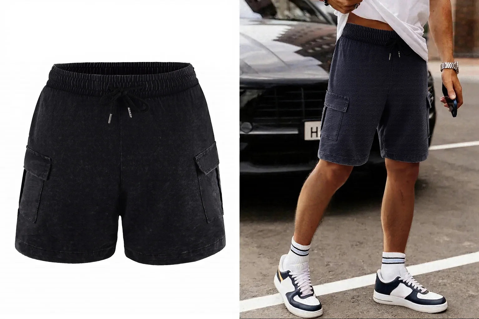 Men’s Washed Cotton Casual Shorts with Elastic Waist and Drawstring Fit in Black by Gallery Man