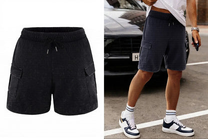 Men’s Washed Cotton Casual Shorts with Elastic Waist and Drawstring Fit in Black by Gallery Man
