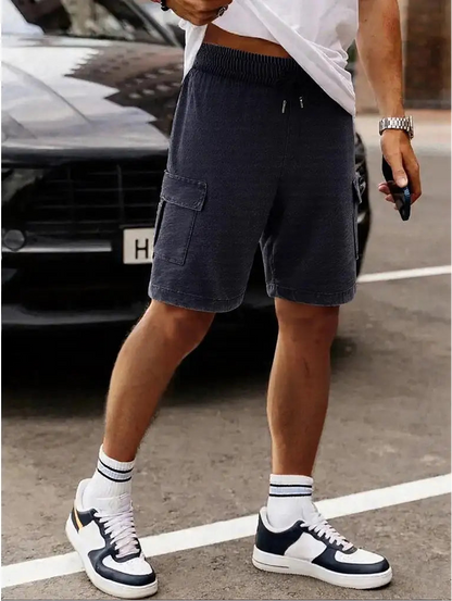 Men’s Washed Cotton Casual Shorts with Elastic Waist and Drawstring Fit in Black by Gallery Man