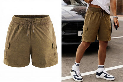 Men’s Washed Cotton Casual Shorts with Elastic Waist and Drawstring Fit in Brown by Gallery Man