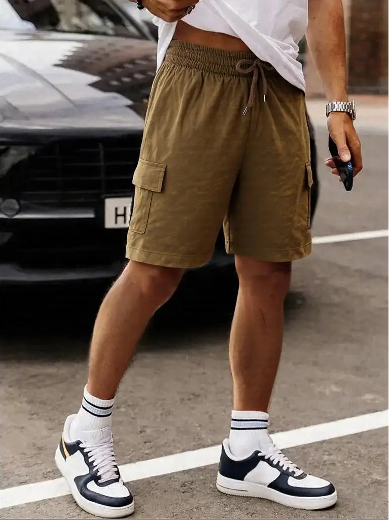 Men’s Washed Cotton Casual Shorts with Elastic Waist and Drawstring Fit in Brown by Gallery Man