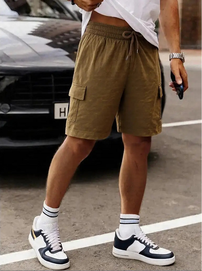 Men’s Washed Cotton Casual Shorts with Elastic Waist and Drawstring Fit in Brown by Gallery Man