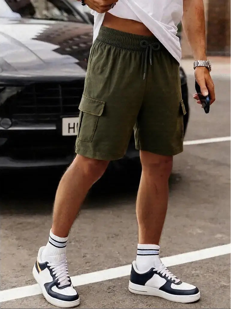 Men’s Washed Cotton Casual Shorts with Elastic Waist and Drawstring Fit in Dark Green by Gallery Man