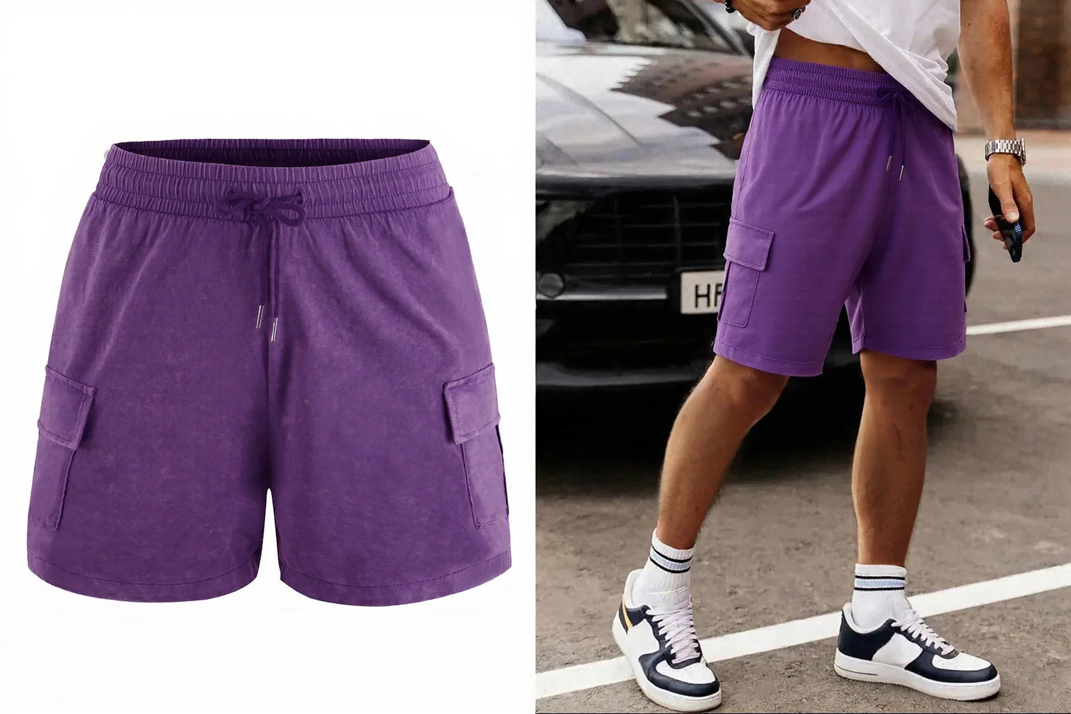 Men’s Washed Cotton Casual Shorts with Elastic Waist and Drawstring Fit in Purple by Gallery Man
