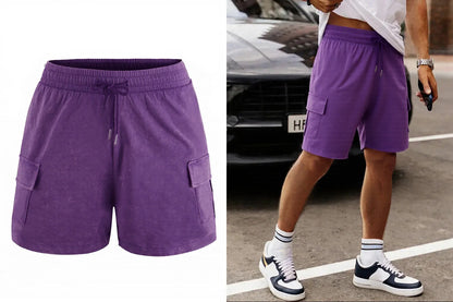 Men’s Washed Cotton Casual Shorts with Elastic Waist and Drawstring Fit in Purple by Gallery Man