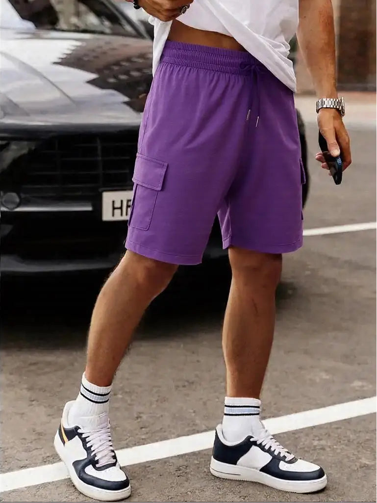 Men’s Washed Cotton Casual Shorts with Elastic Waist and Drawstring Fit in Purple by Gallery Man