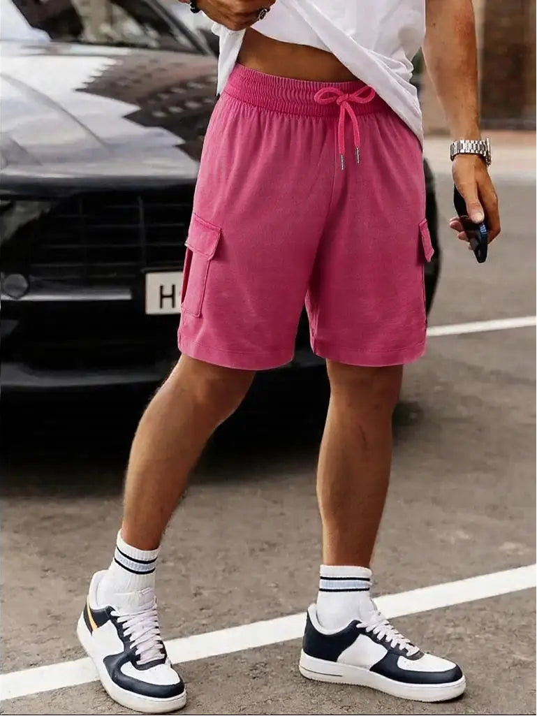 Men’s Washed Cotton Casual Shorts with Elastic Waist and Drawstring Fit in Rose Red by Gallery Man