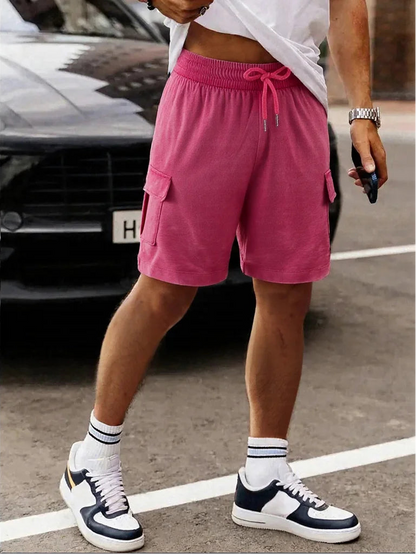 Men’s Washed Cotton Casual Shorts with Elastic Waist and Drawstring Fit in Rose Red by Gallery Man