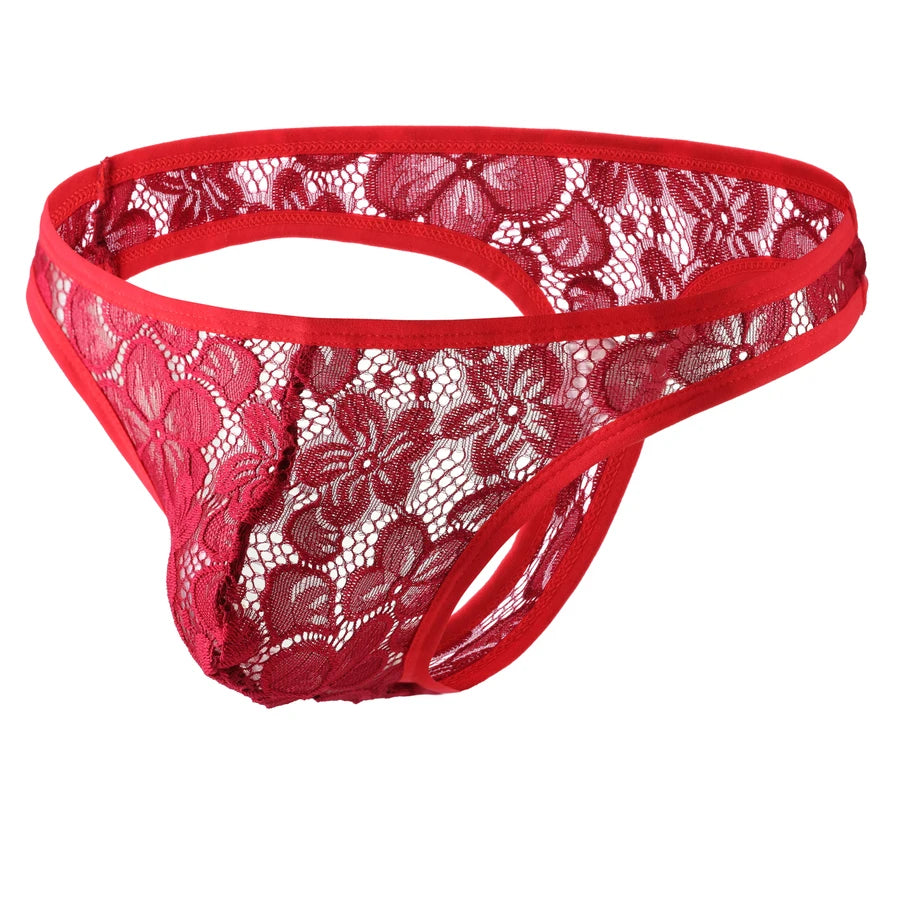 Men's Lace Lingerie Briefs Thong Panties in Red by Gallery Man