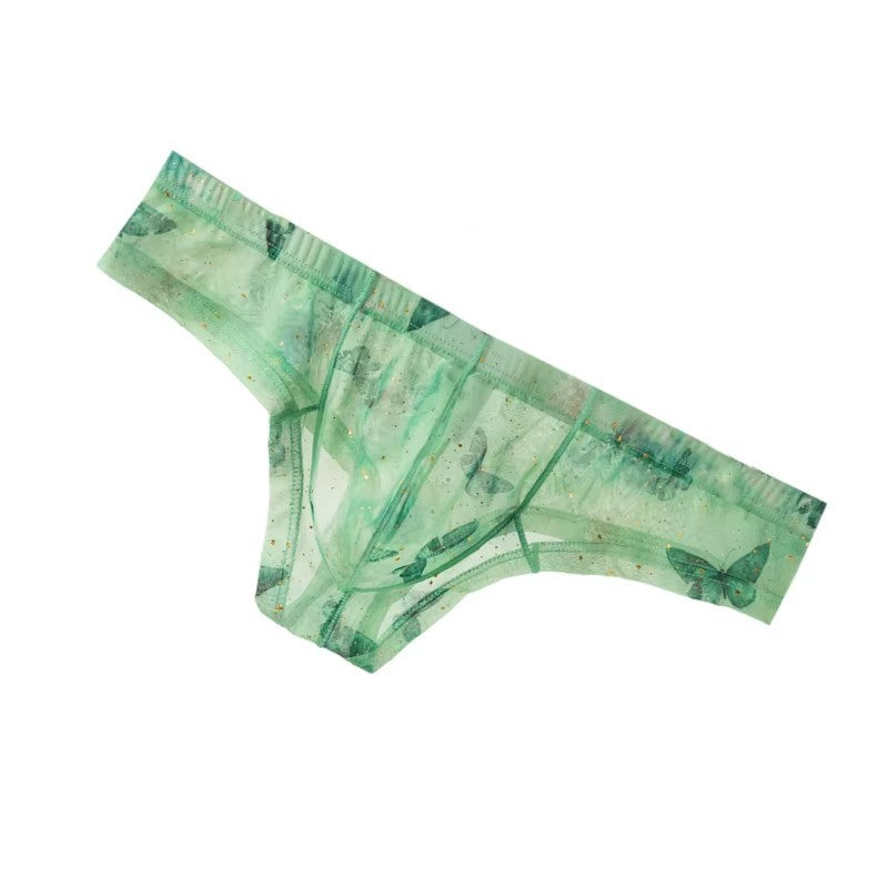 Men's Low-Rise Ultra-Thin Butterfly Print Briefs Underwear with U-Shaped Pouch in Green