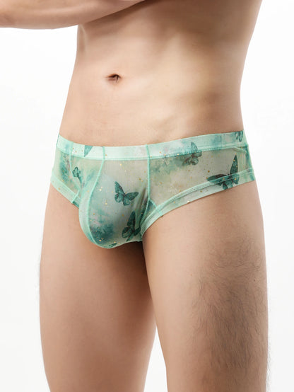 Men's Low-Rise Ultra-Thin Butterfly Print Briefs Underwear with U-Shaped Pouch in Green