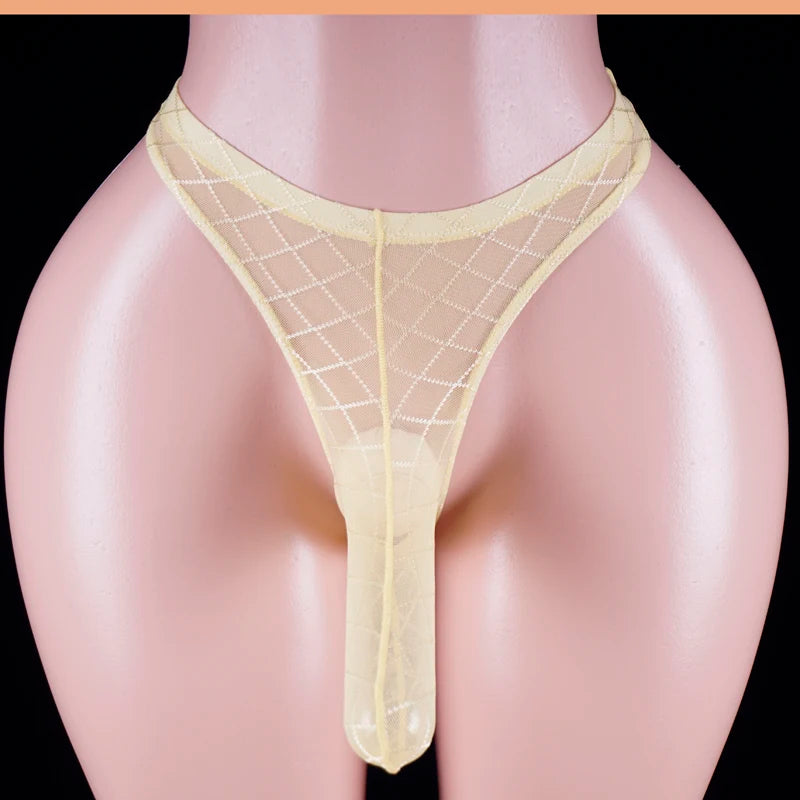 Men's Transparent Thong Underwear with Elephant Trunk Pouch in Yellow by Gallery Man