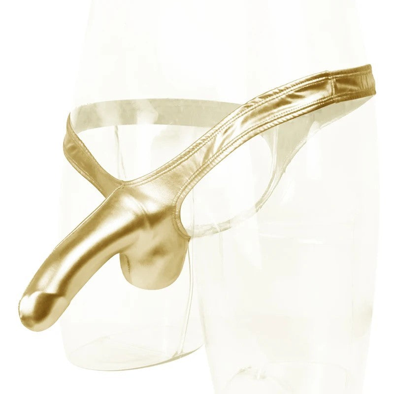 galleryman.com - Men's Sexy Elephant Nose Thong PU Leather Underwear Gold