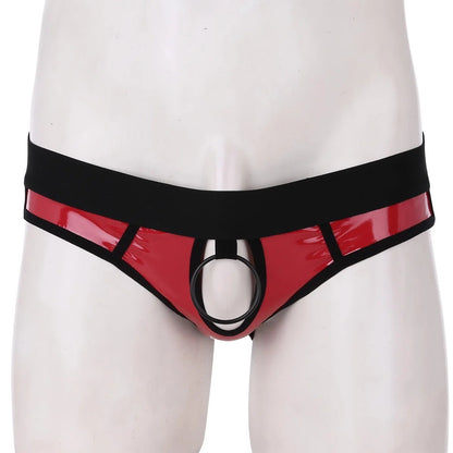 galleryman.com - Men's PU Leather Jockstrap Underwear with Metal O-Ring Red