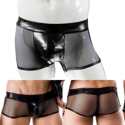 Men's Sexy Leather Fishnet Black Mesh Nightclub Boxers