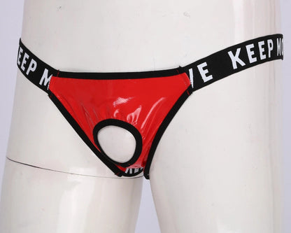 galleryman.com - Men Patent Leather Jockstrap Front Hole Underwear Red