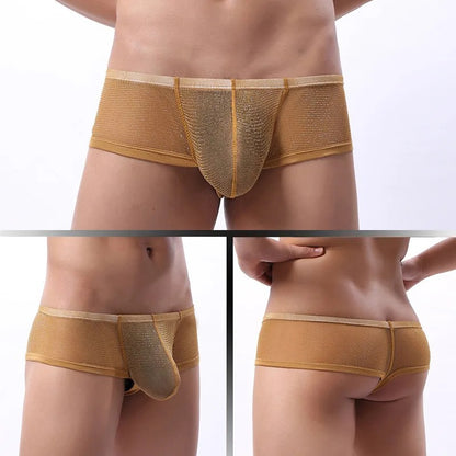 galleryman.com - Men Sexy Ultra Thin Mesh Boxer Brief Underwear Gold