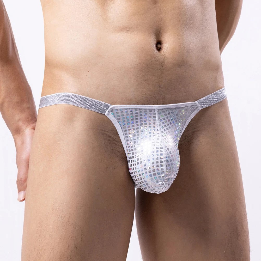 Men's Shiny Sequin G-String Thong Underwear with Bulge Pouch