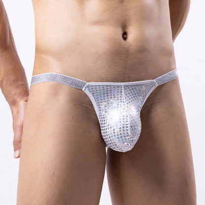 Men's Shiny Sequin G-String Thong Underwear with Bulge Pouch