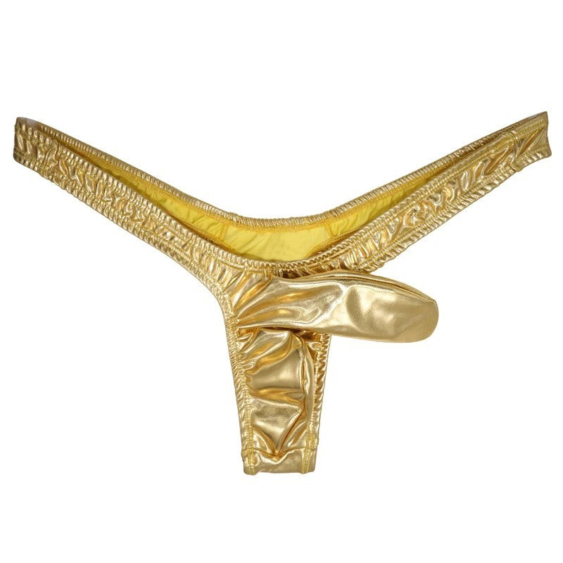 galleryman.com - Men's Sexy Elephant Nose Thong PU Leather Underwear Gold