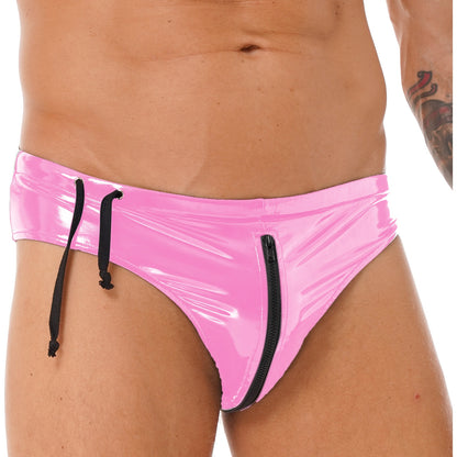 Men's Latex Briefs Drawstring Low Waist Zipper