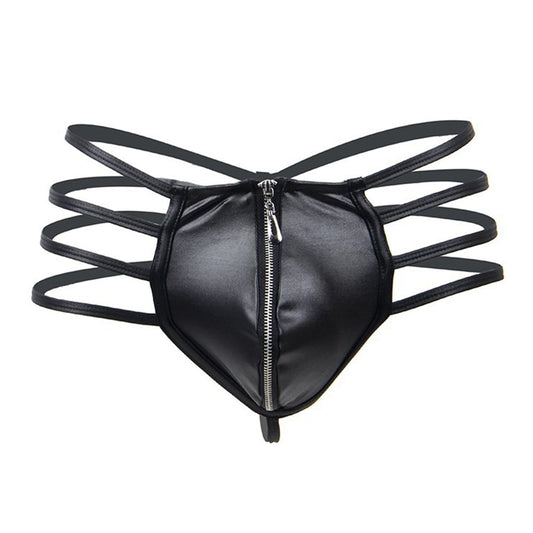 galleryman.com - Men Sexy Leather Thong  Underwear With Zipper Black
